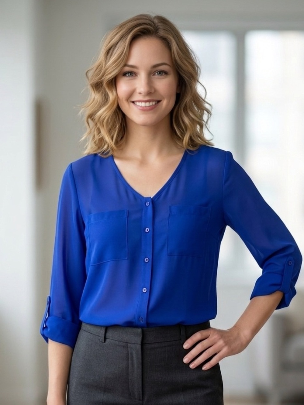 Charlotte Russe Sheer Button-Front Blouse in Cobalt Blue